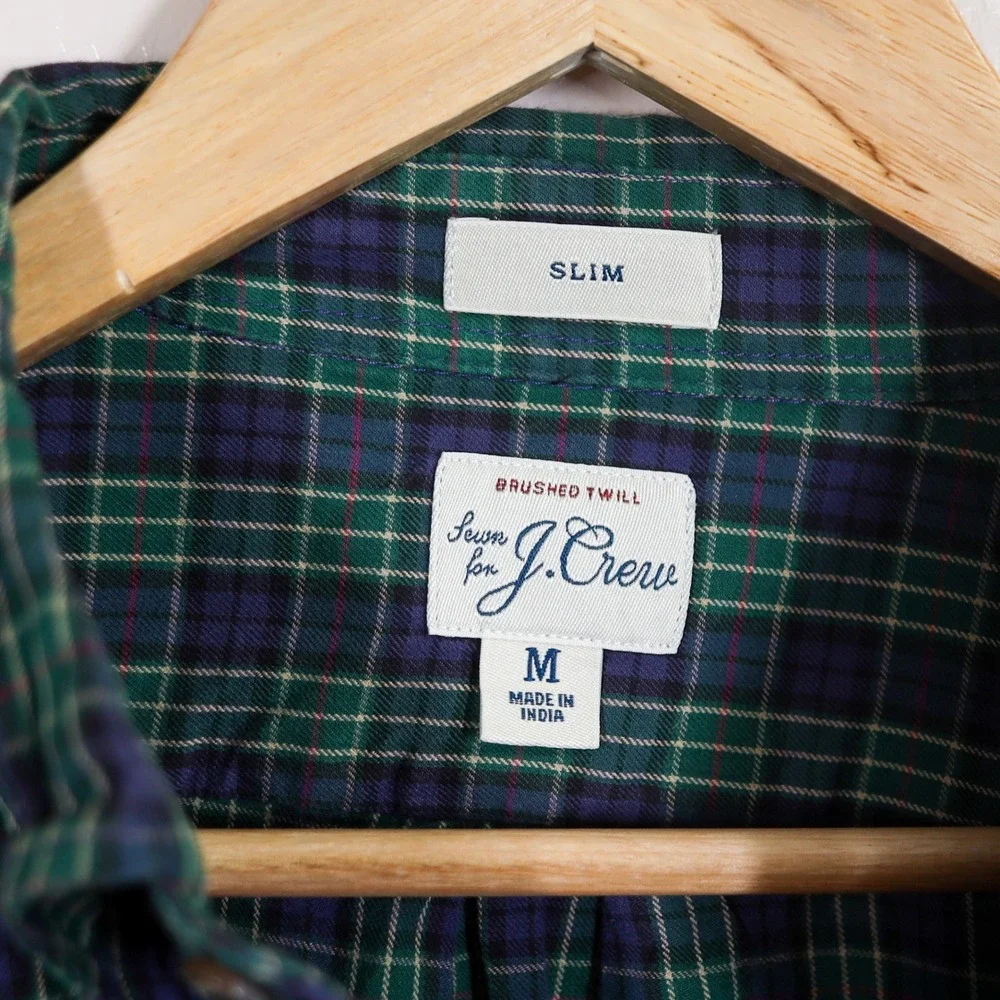 J. Crew Mens Slim Fit‎ Brushed Twill Plaid Button Down Shirt Size M Green Navy